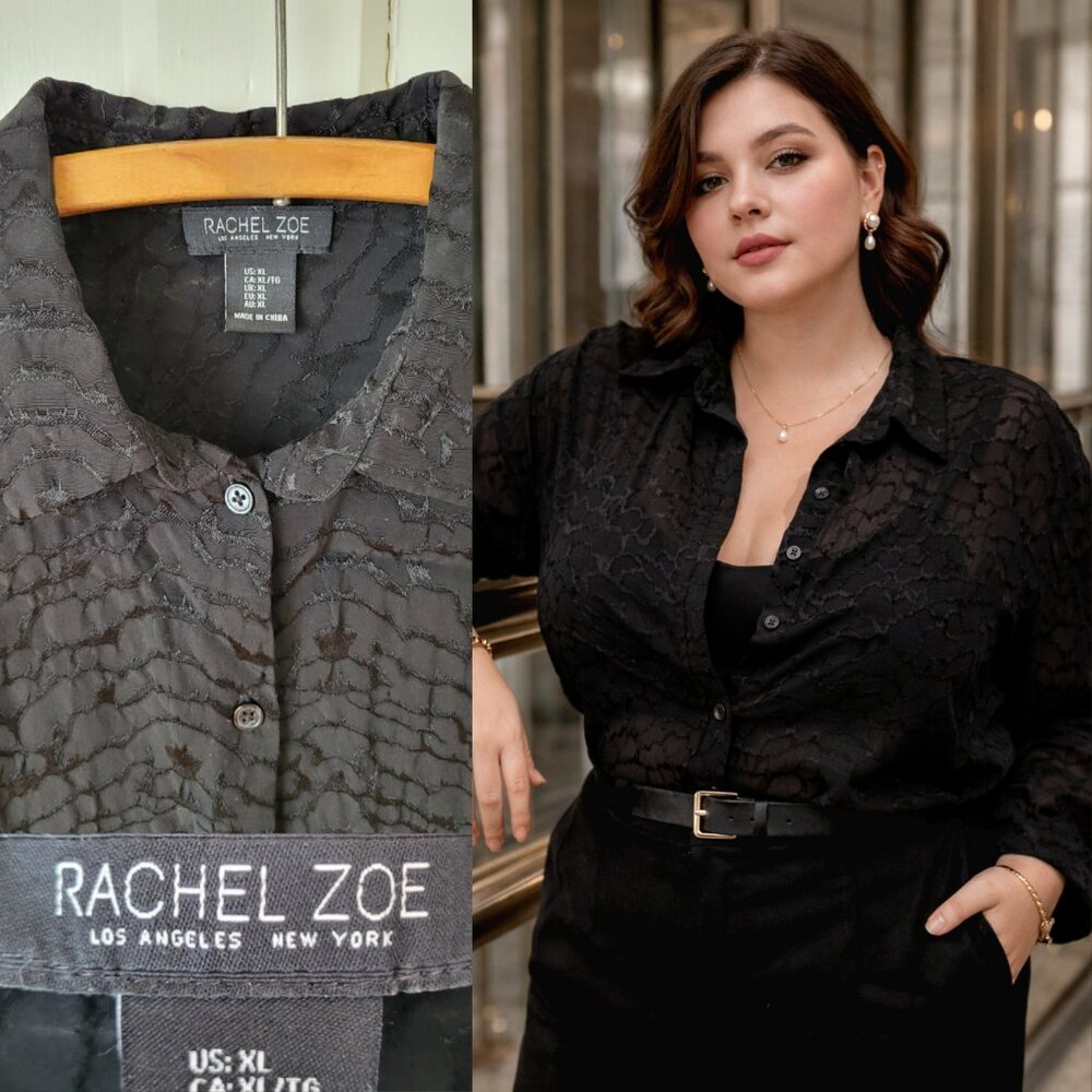 Rachel Zoe Black Blouse Burnout Textured XL Office Button-Up Top